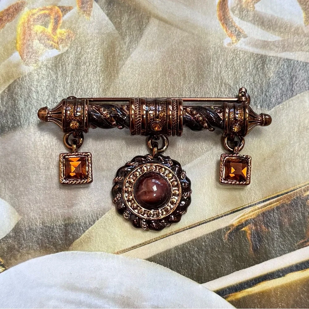 St John Vintage Enamel Bar Pin Brooch Brown Glass Crystal Dangling Charms